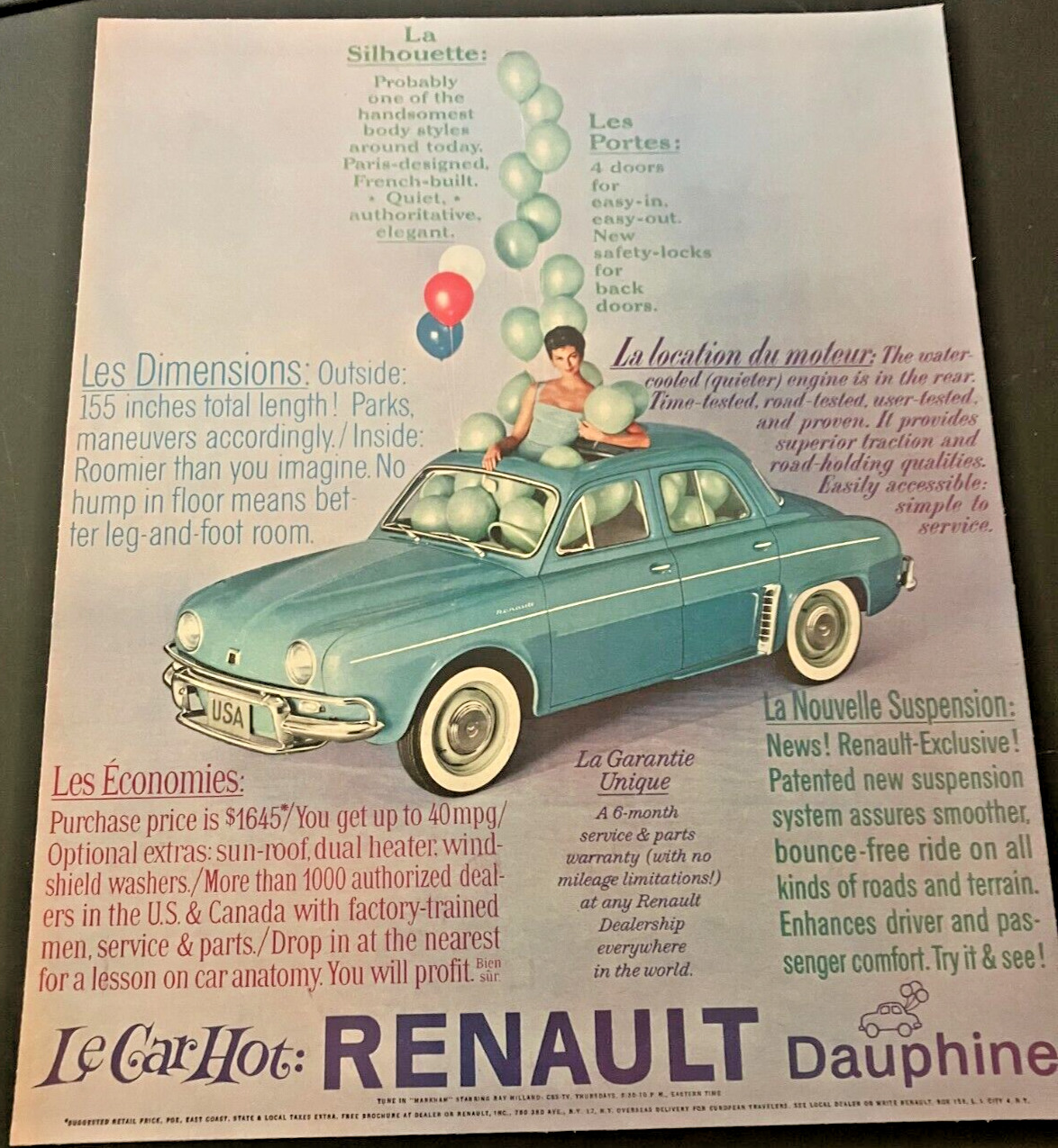 1959 Renault Dauphine - Vintage Original Automotive Color Print Ad Wall Art