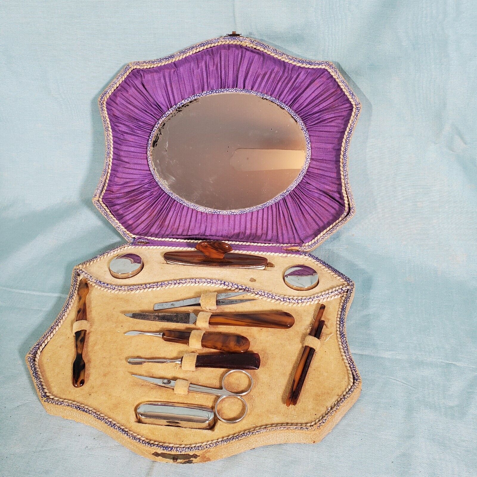 12 Pc Antique Vintage Grooming Dresser Vanity Nail Kit Set W/ Box Mirror