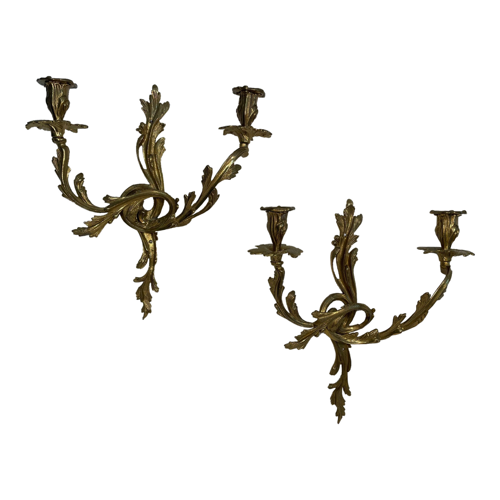 Large Early 20th Century French Rococo Style Brass Wall Candle Sconces - a Pair