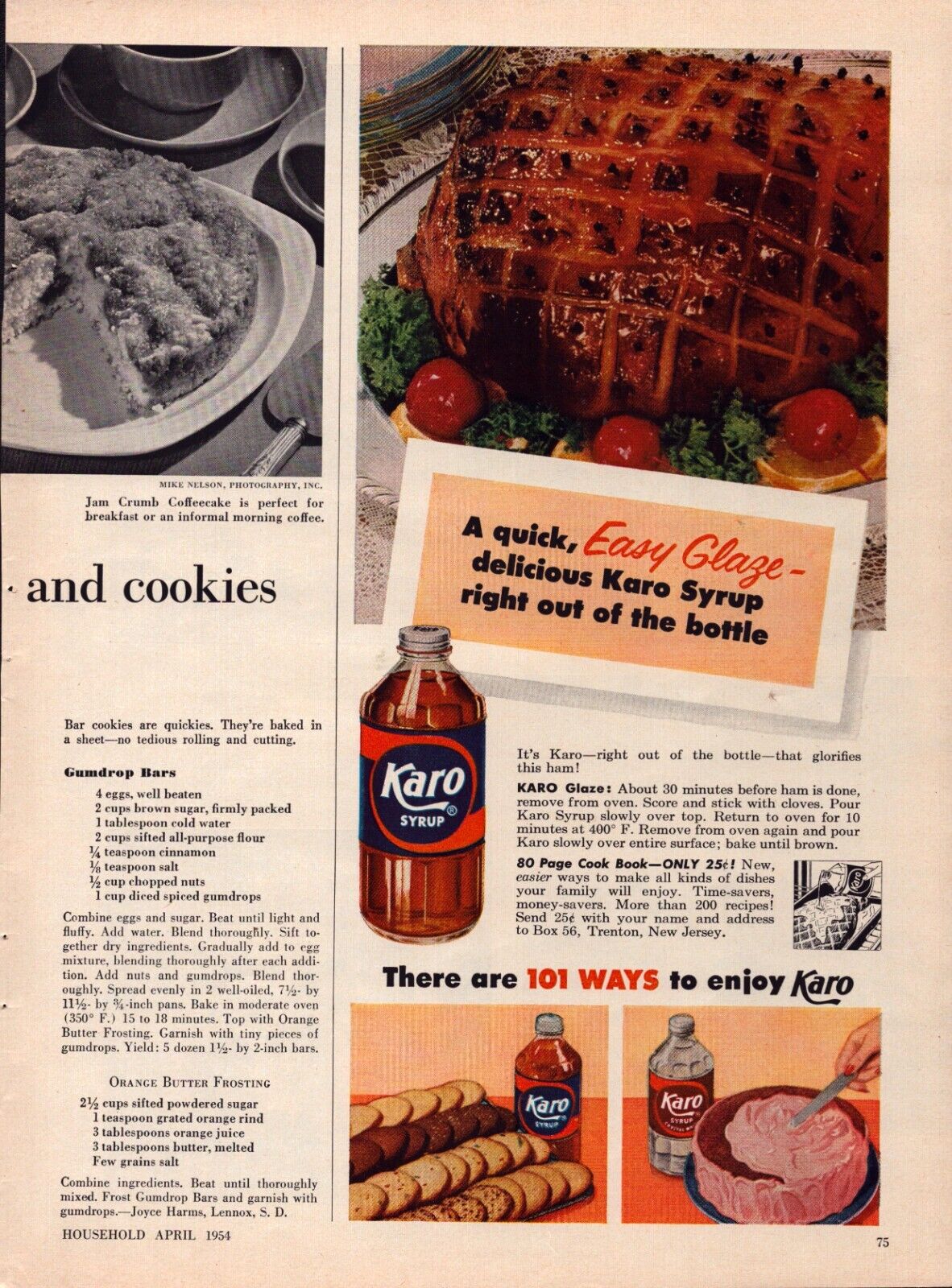 1954 Karo Waffle Syrup Blue Label Vintage Print Ad Ham Glaze