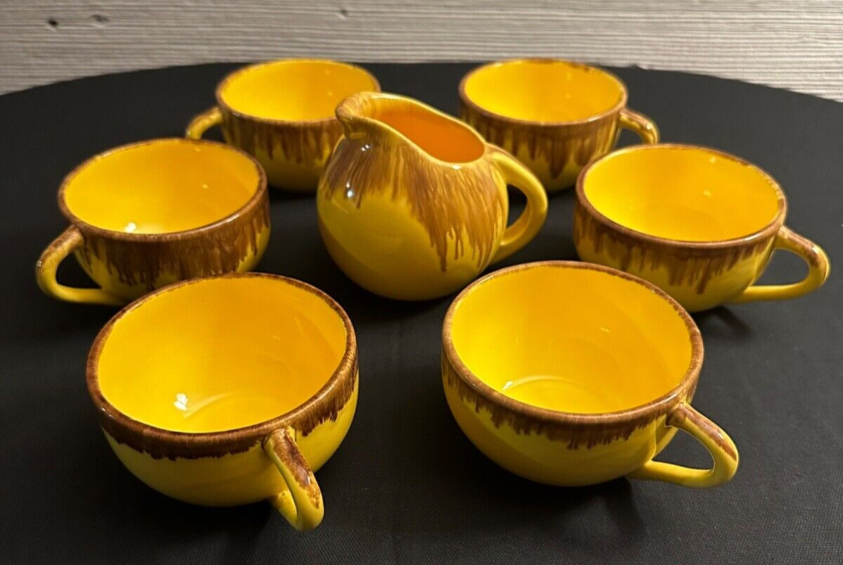 VTG 6 Coffee Cups & Creamer Set. Yellow w/ Brown Drip Glaze