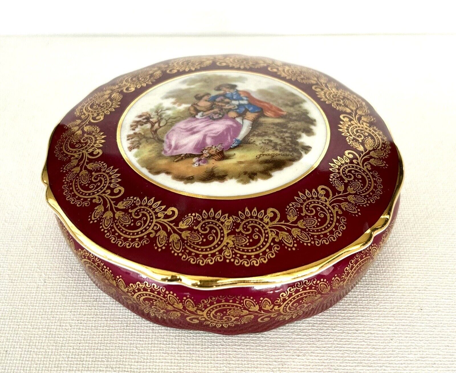 Vintage Limoges France Trinket Box Victorian Courting Couple Red & Gold