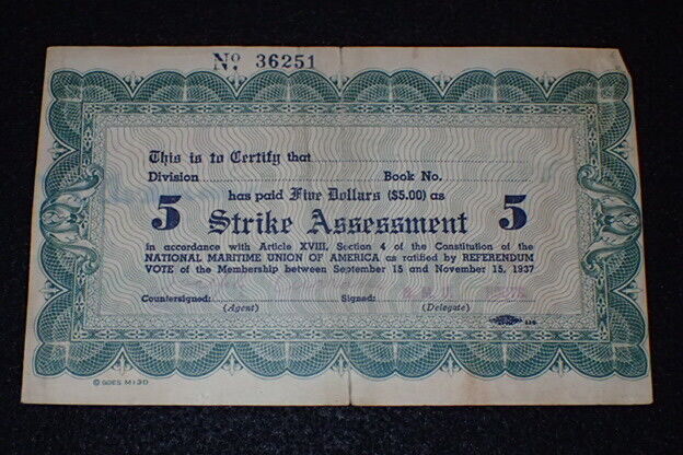 Rare 1937 Tanker Strike Card NMU of A CIO Union $5 Strike Assessment Original 