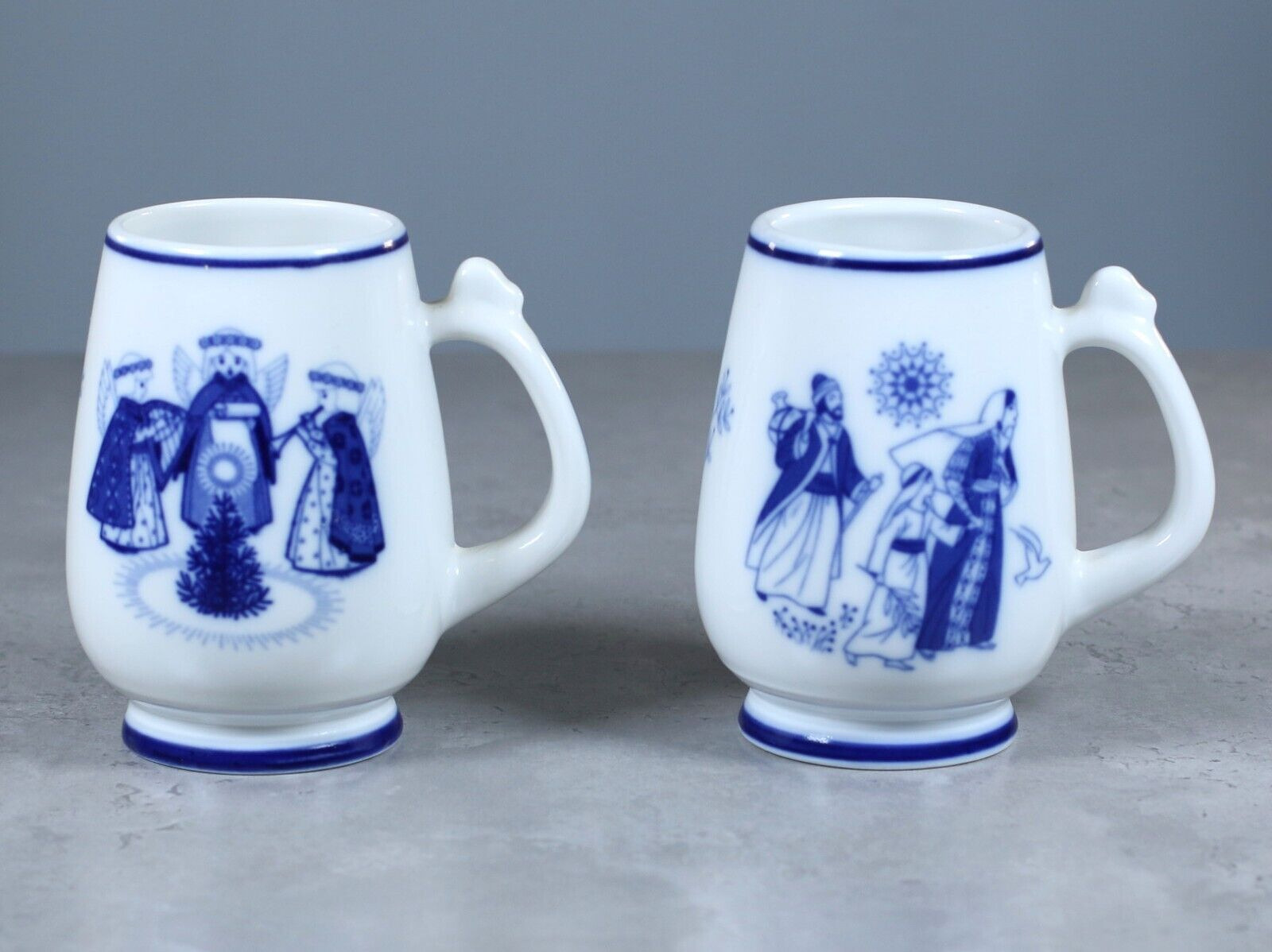 Vintage Porsgrund Norway Christmas Mug Blue and White Pottery Bible Scenes
