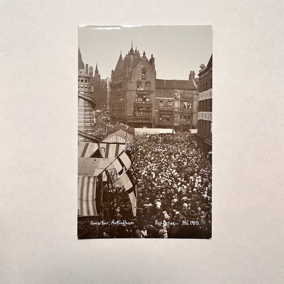 Nottingham Goose Fair Crowds, Early 1900s Monochrome Postcard RPPC Rex No.199