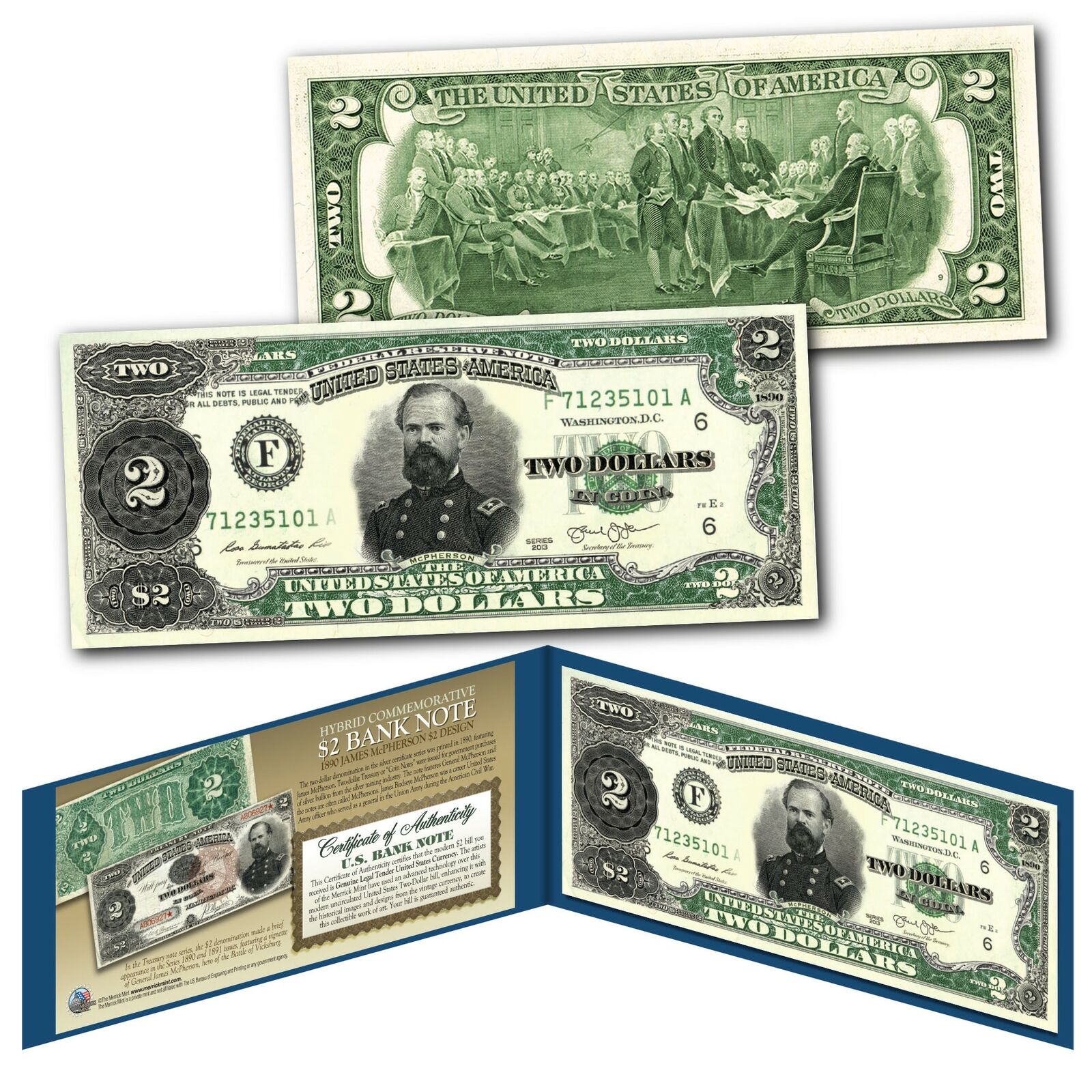 1890 James McPherson Civil War Treasury Two-Dollar Banknote design on UNC New $2