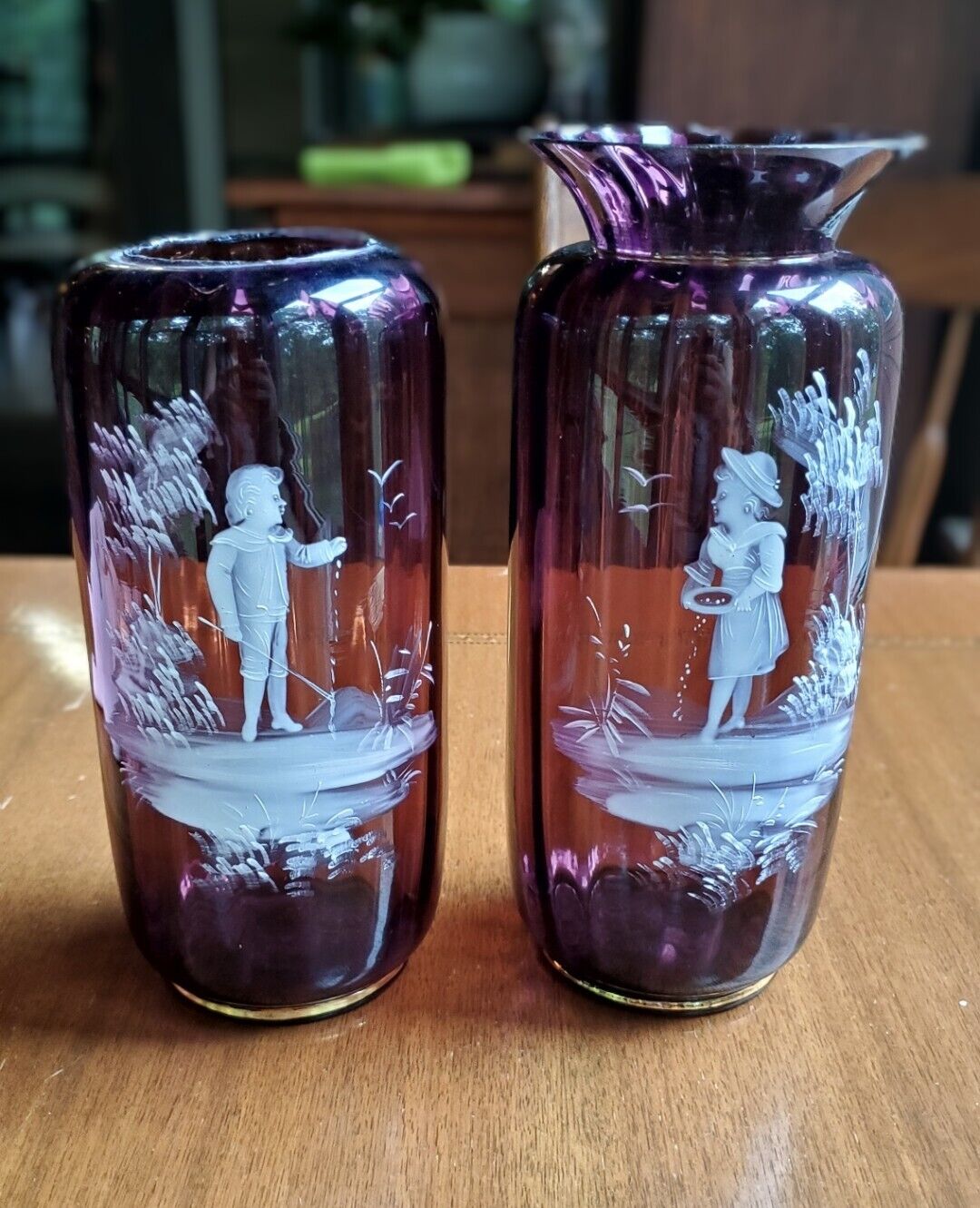 Vintage Bohemian Mary Gregory Style Cranberry Glass Vases