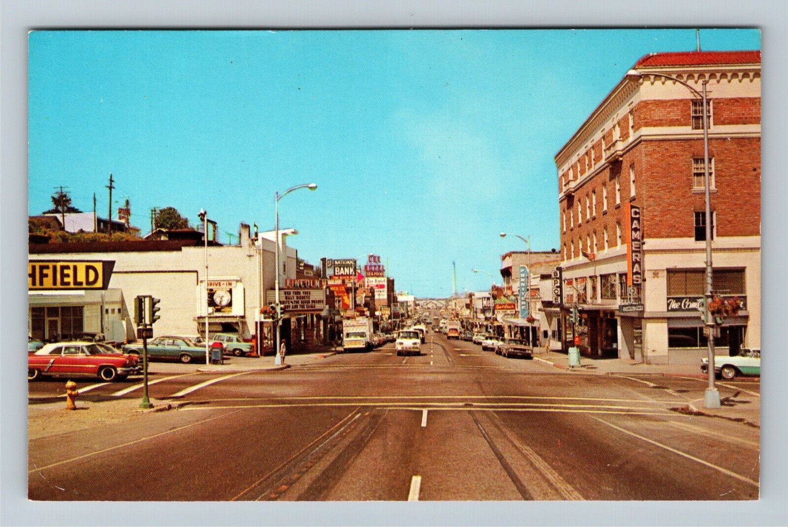 Port Angeles WA-Washington Busy Street Theater Bank Classic Cars Chrome Postcard
