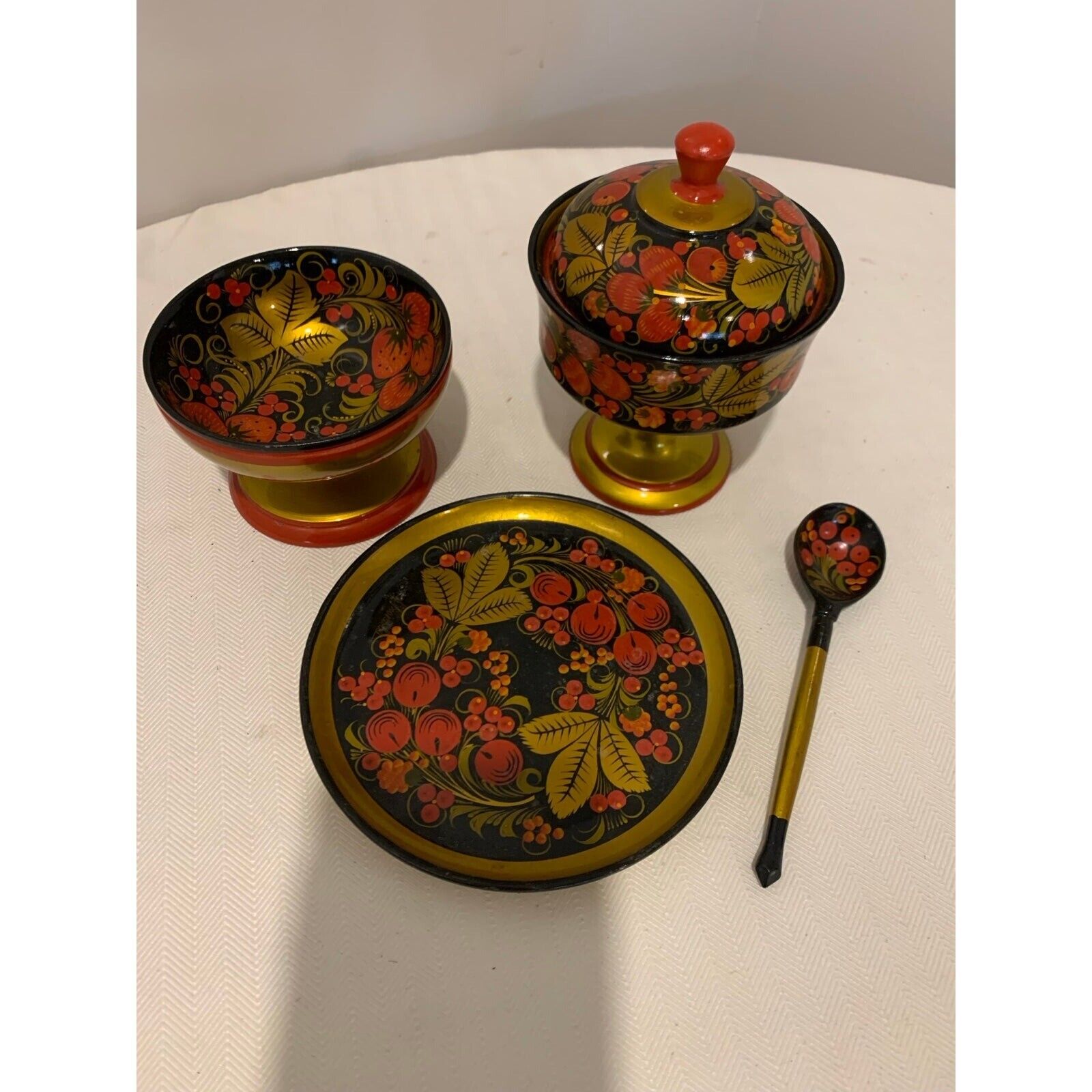 5 Pc Russian Enamel Painted on Wood dishes