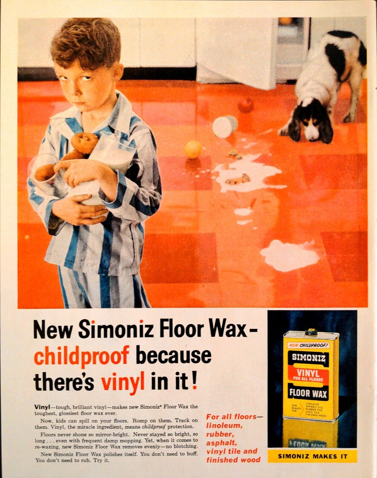 1958 Simoniz Vinyl Floor Wax Childproof Linoleum Rubber Asphalt Wood Print Ad