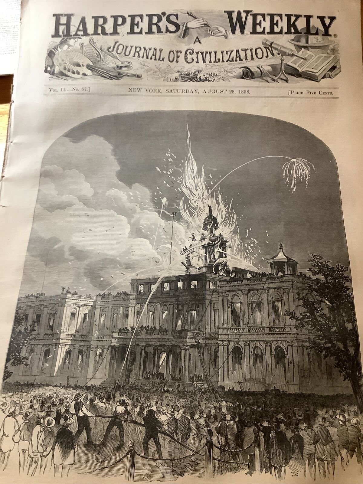 1858 HARPER’S WEEKLY ORIGINAL COMPLETE NEWSPAPER ~ CITY HALL NY FIRE