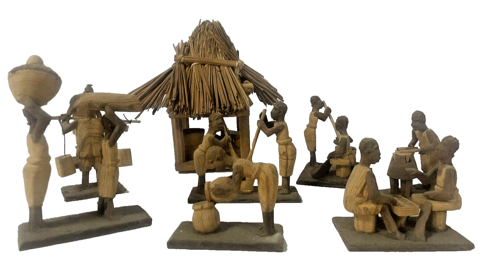 African Hand Carved Wooden Village Scene Nine Pieces
