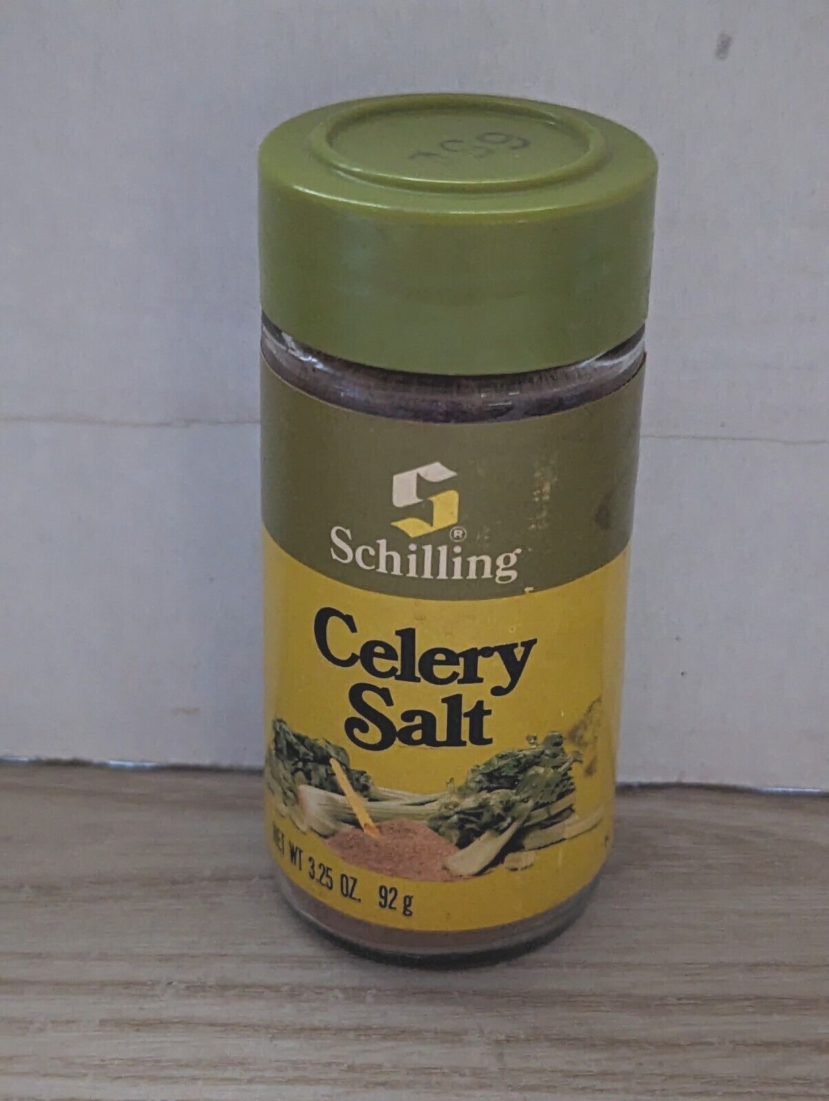 Vintage Schilling Spice Glass 3.25 oz. jar with Green Lid USA 1979 Celery Salt