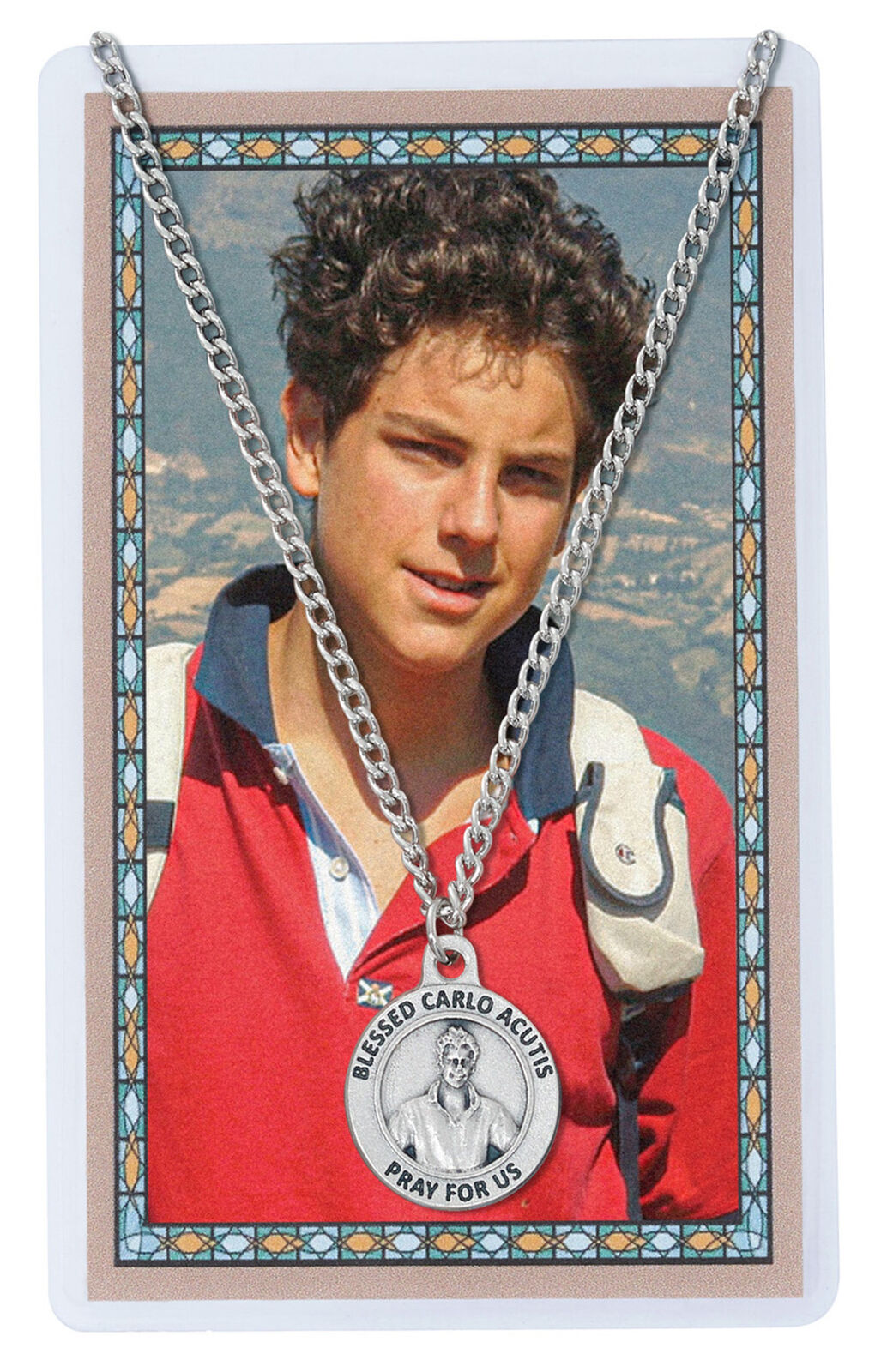 Blessed Carlo Acutis Pray For Us Medal 24” Chain  w Prayer Card Silver Tone