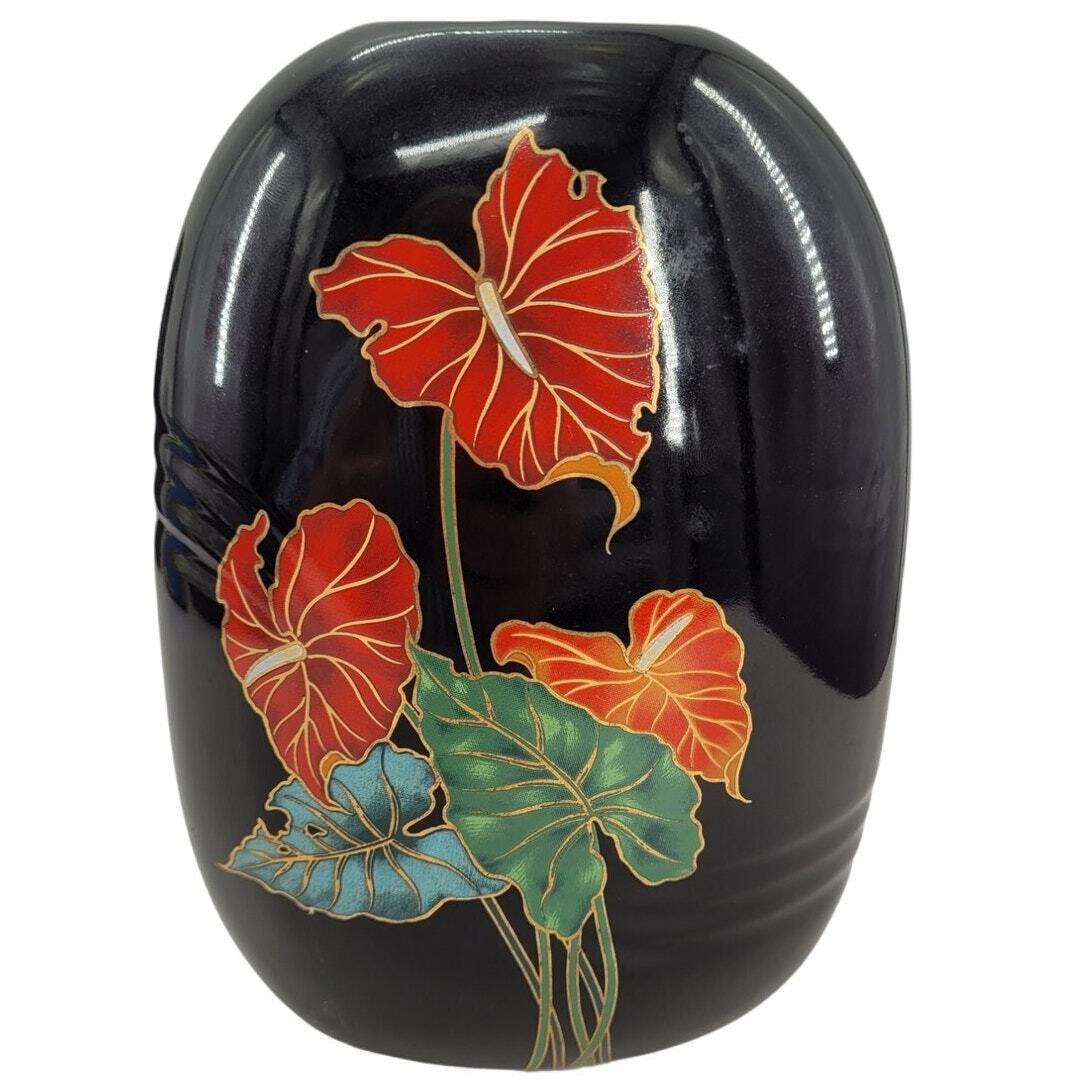 Vintage 80s Toyo Japan Black Orange Bird of Paradise Bubble Vase 1-2