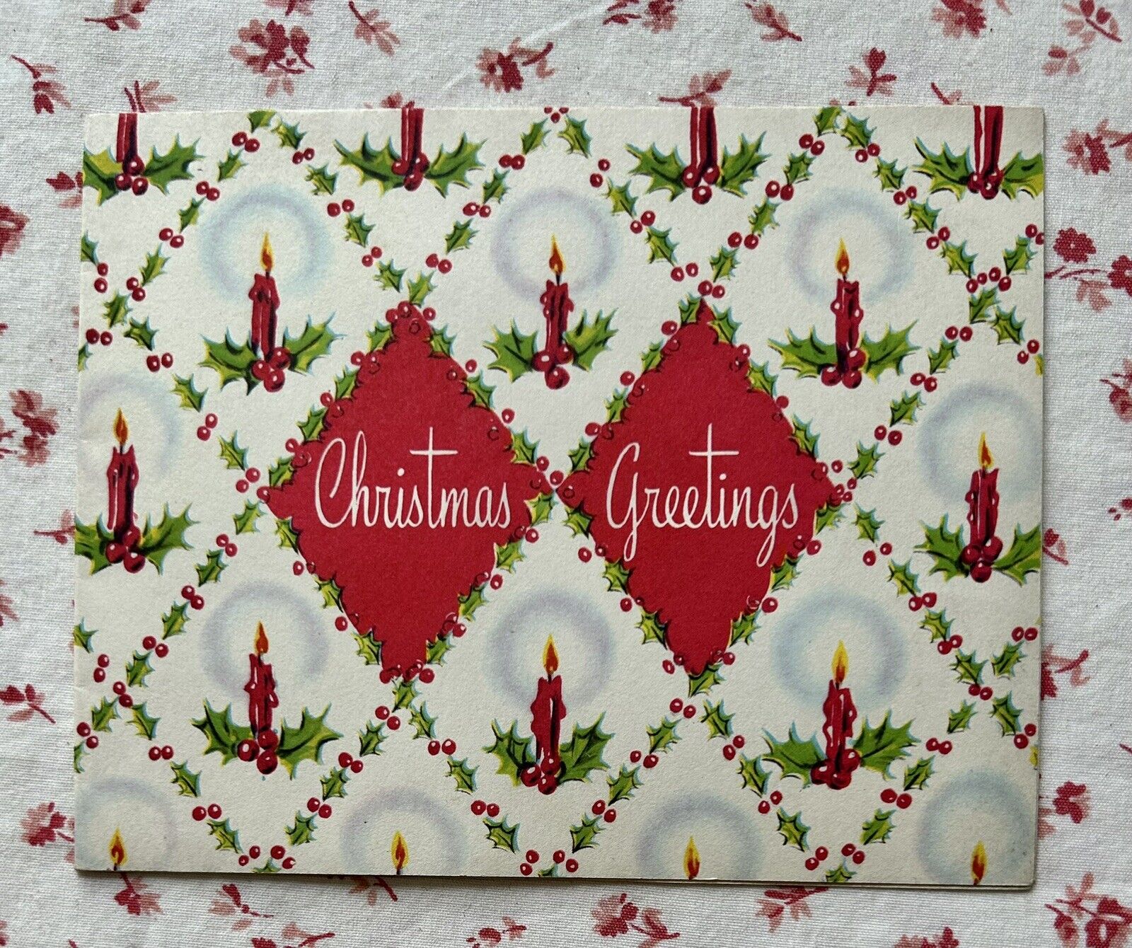 Vintage Mid Century Christmas Greetings Red Flaming Candles & Holly Card