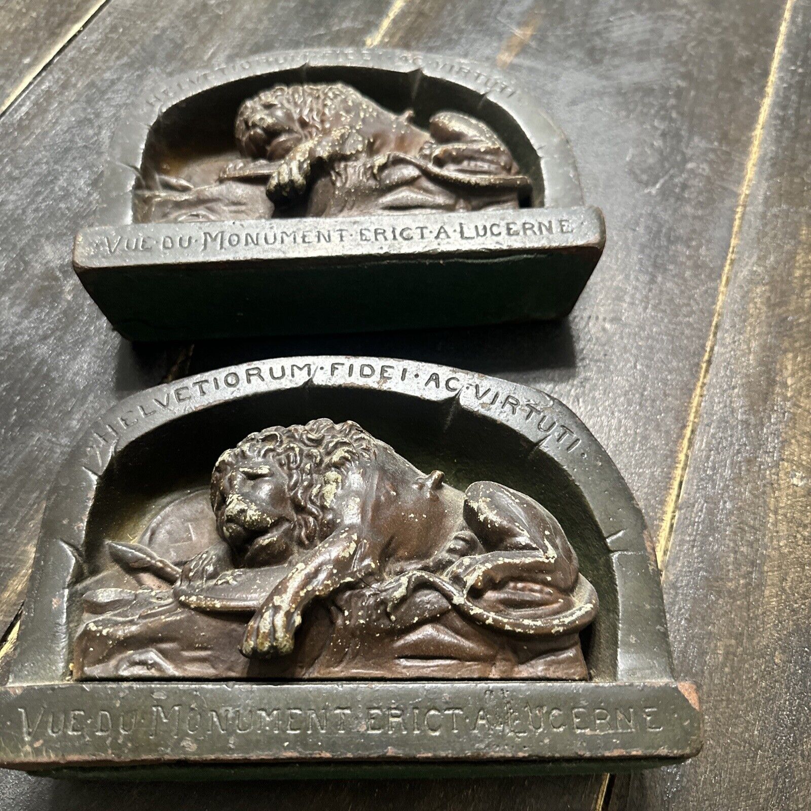 Vtg Bookend Lion Monument Lucerne Swiss HELVETIORUM FIDEI AC VIRTUTI Set Cast
