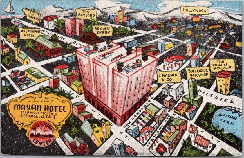 c1950s LOS ANGELES California Postcard MAYAN HOTEL Artist's Map View / Kropp