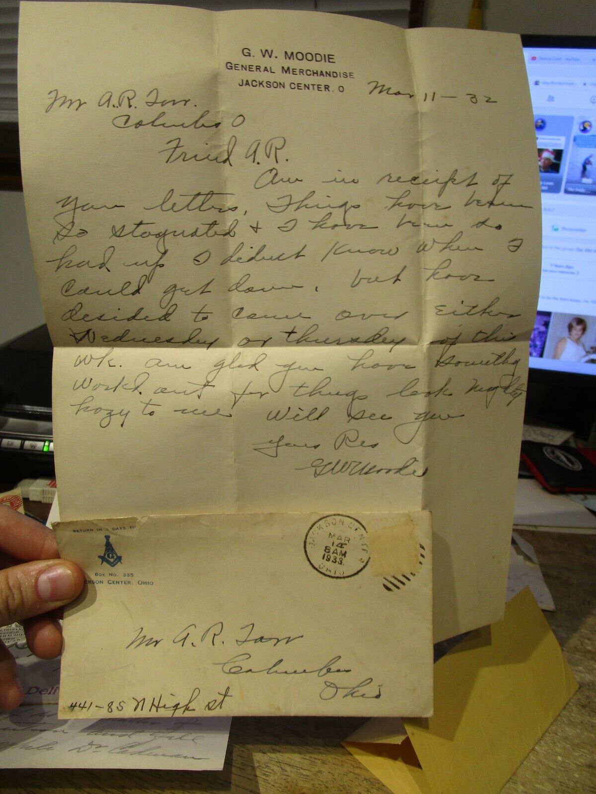 1933 Jackson Center Ohio Masonic Lodge 458 Dues Freemasons & Letter G.W. Moodie