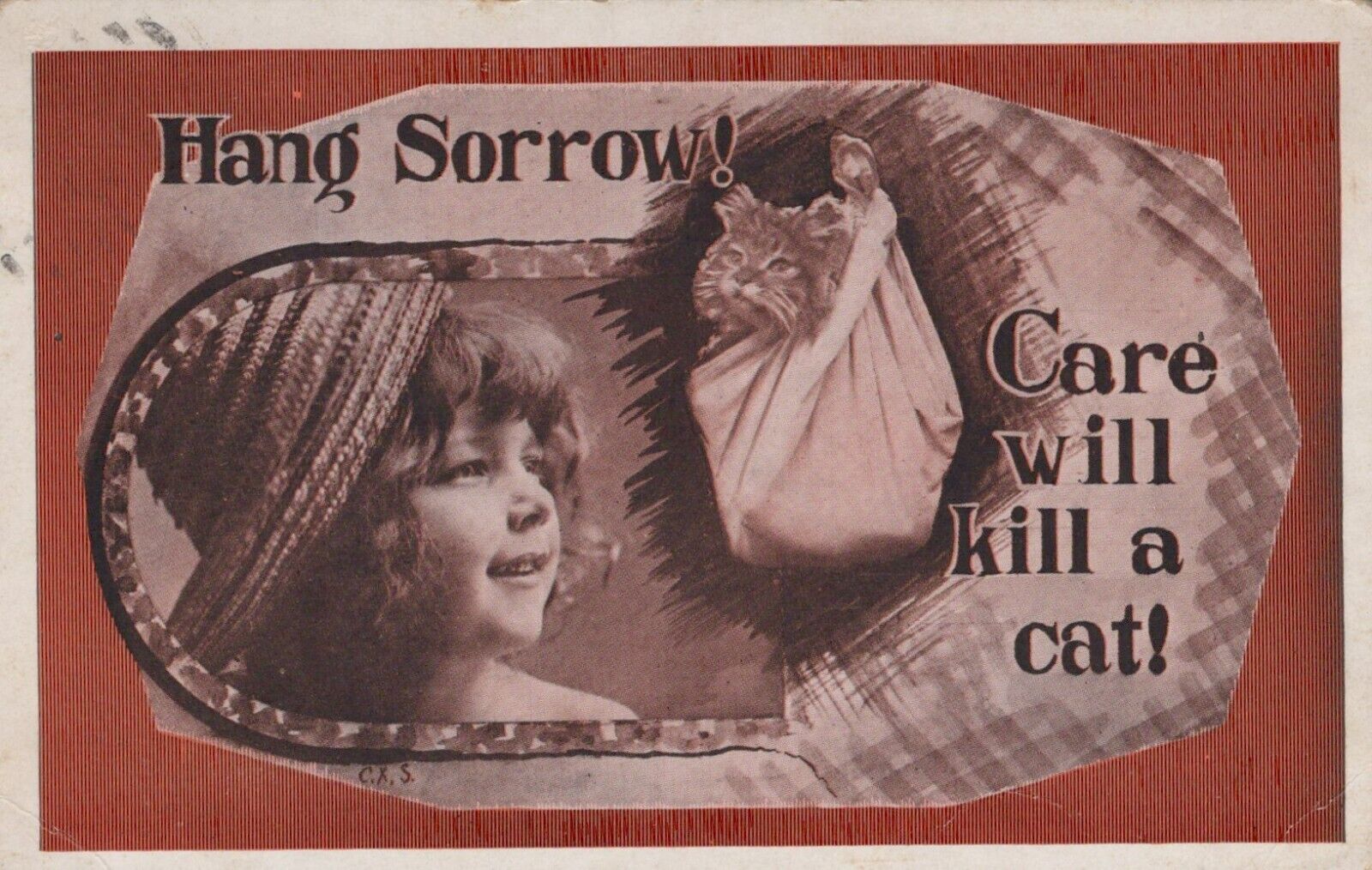 Hang Sorrow Care Will Kill A Cat Girl Bag Hat Jonson Quote c1910s postcard H102
