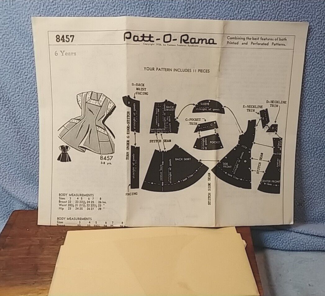 1956 Patt-O-Rama Sewing Pattern 8457 Girl\'s Dress size 6yrs Unused Unprinted 