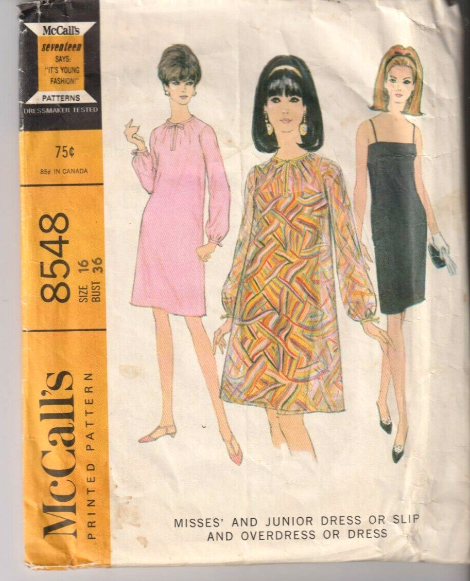 8548 McCALLS c.1966 - DRESS OVERDRESS & SLIP -  Sz 16 B 36\