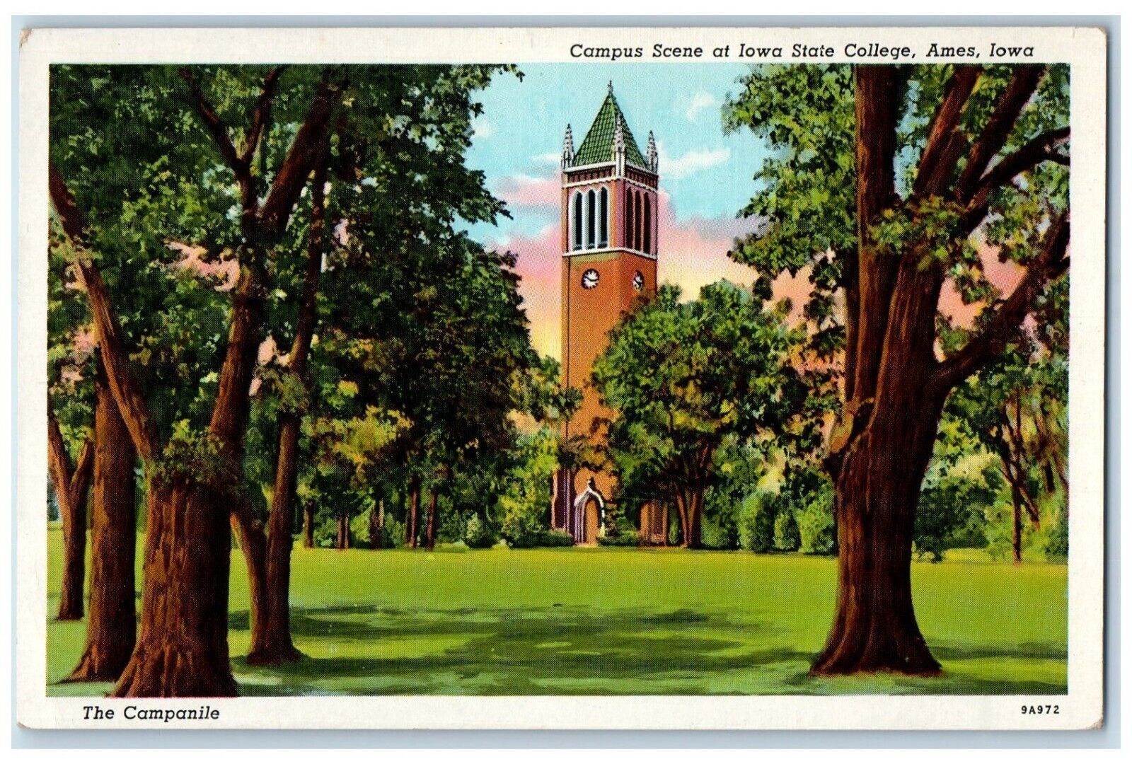 c1930's The Campanile Campus Scene At Iowa State College Ames Iowa IA Postcard