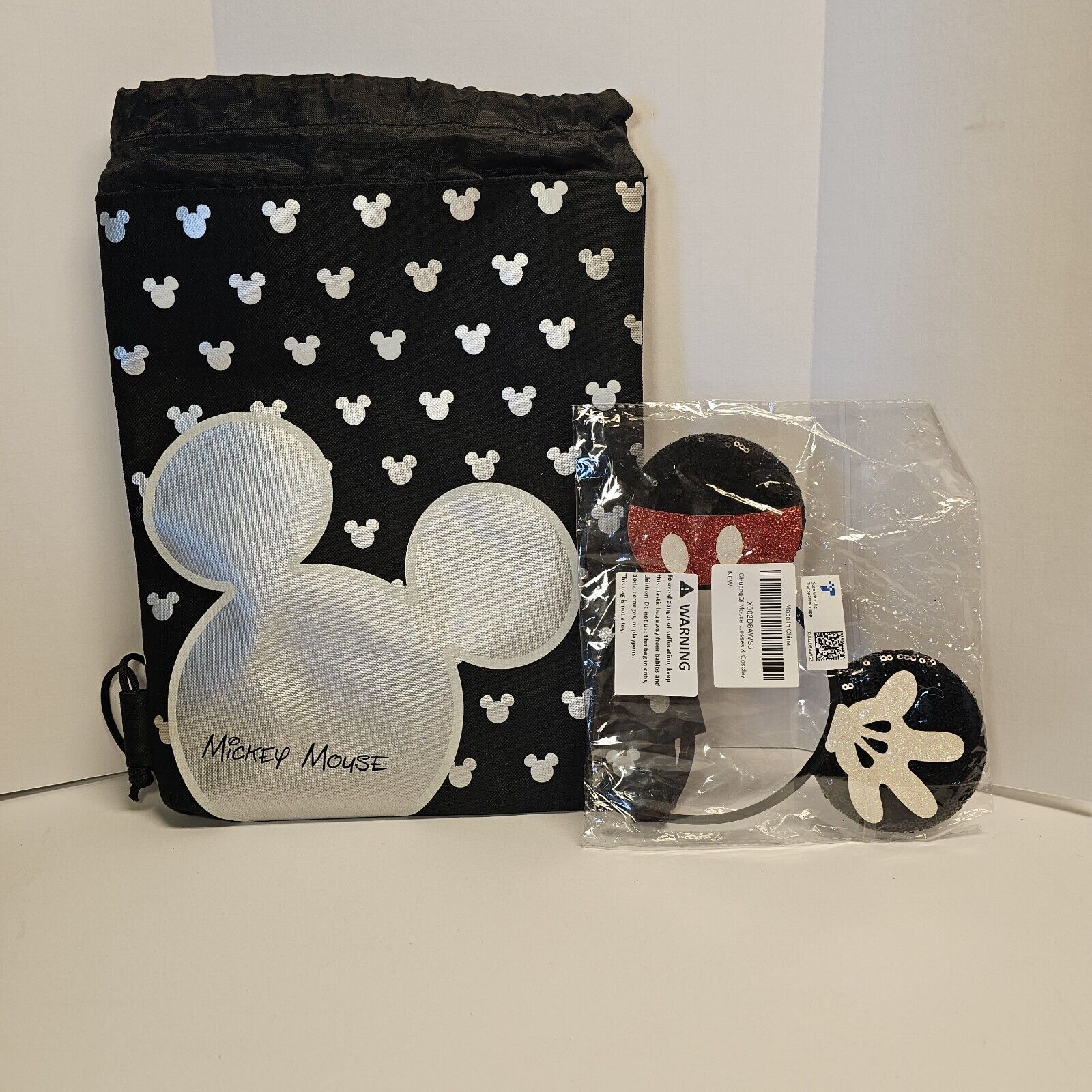 Mickey Mouse 14” X 11” Draw String Bag With Mickey Ears Unopened New With Tags