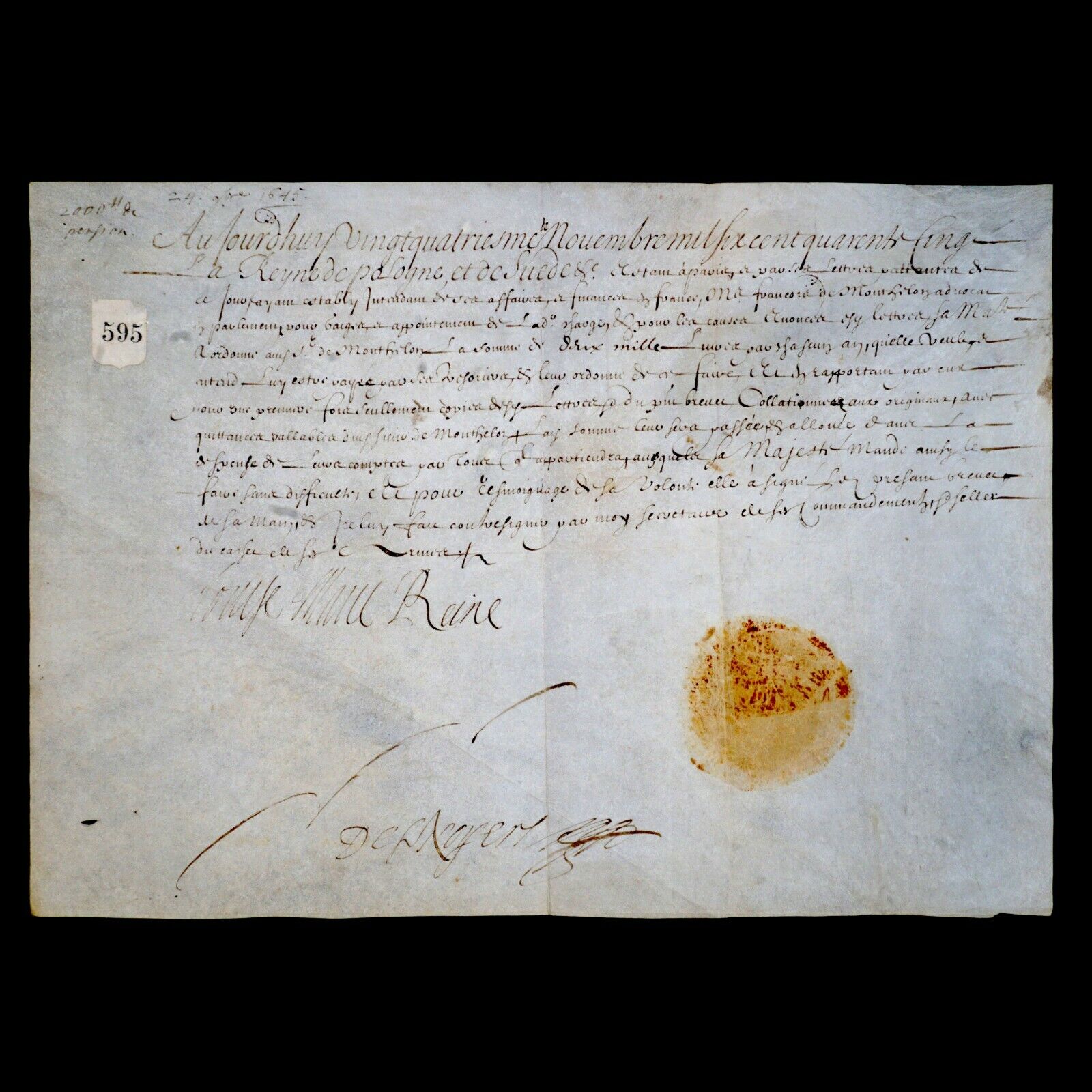 1645 Queen of Poland Marie Louise Gonzaga Signed Royal Document Polish Royalty 