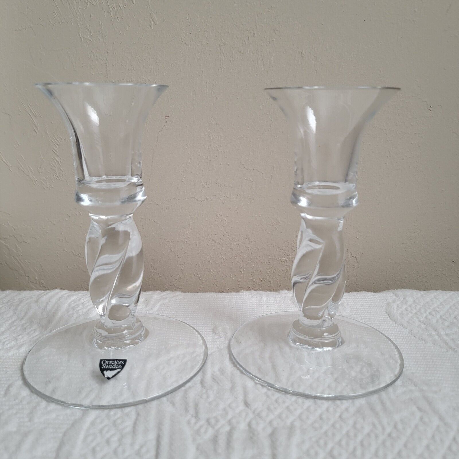 Set of 2 Orrefors Sweden Glass Collectable Church &Dwight Co. Candlesticks