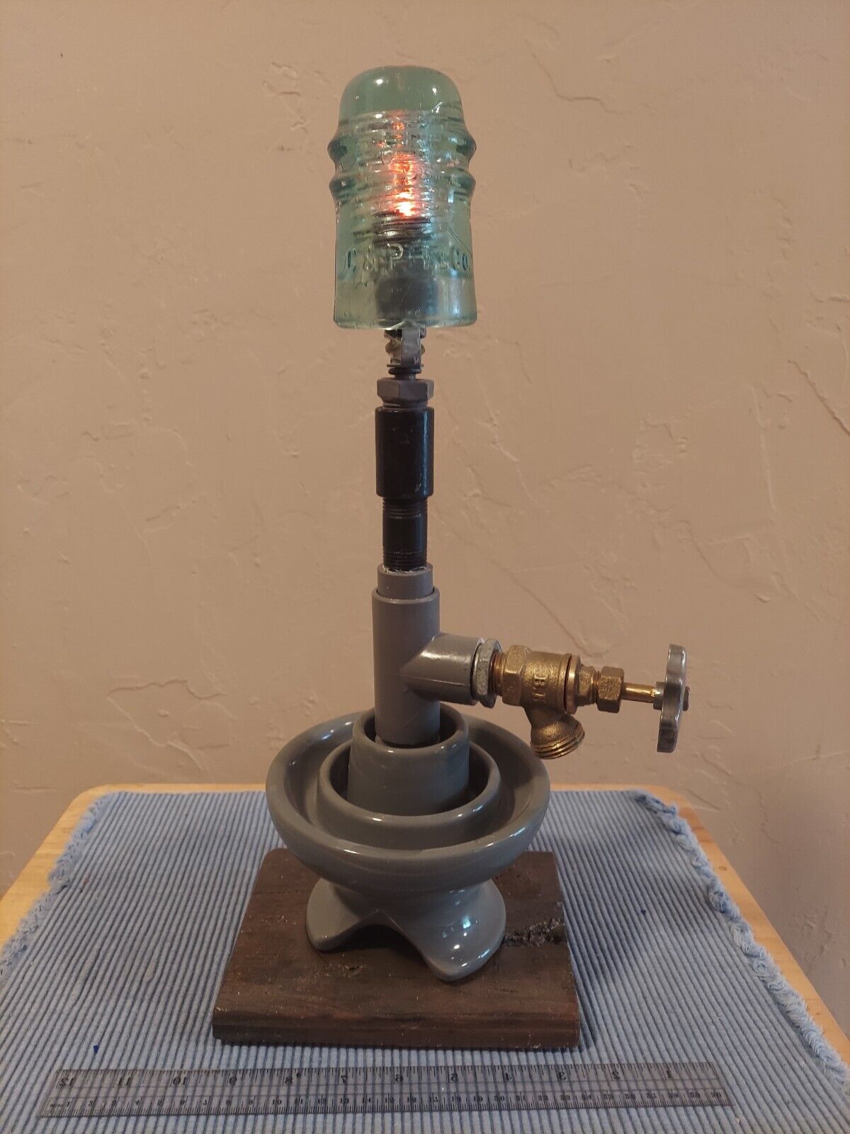 Vintage Black Iron Steampunk Table Lamp With Removable Insulator Shade. 