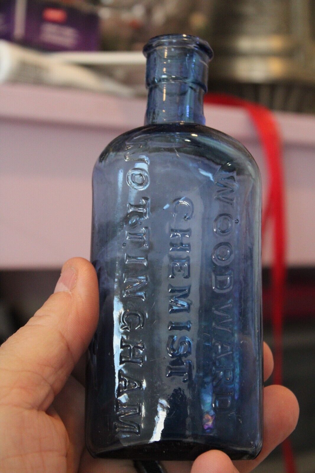 Antique, 6'' , Cobalt Blue, WOODWARD CHEMISTISTS, Medicine Bottle, Item#A - 6002