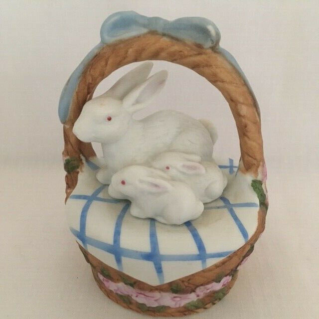 Vintage Bunnies Rabbits on a Basket Bisque Figurine Hand Painted