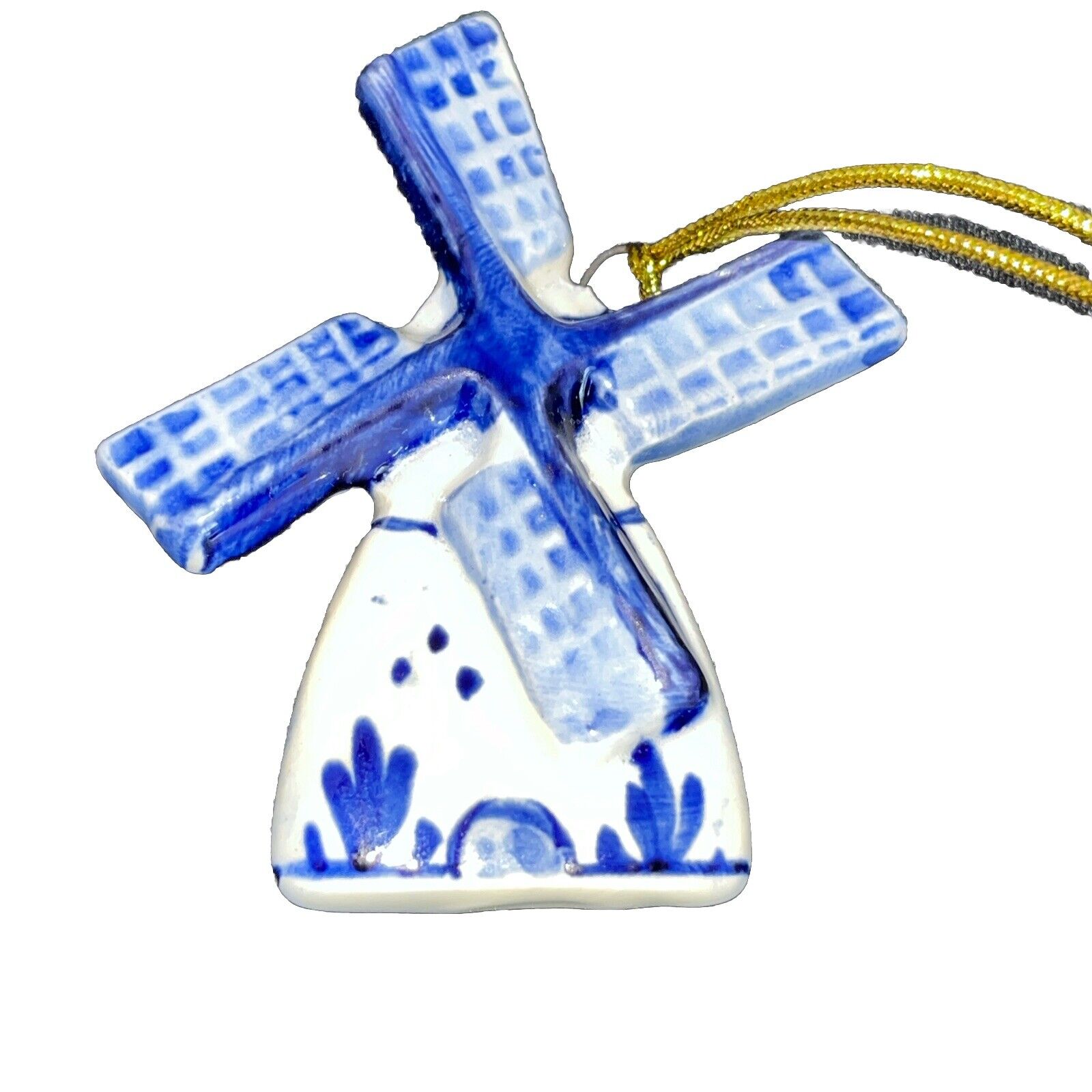 Dutch Windmill Ceramic Ornament 3” Blue And White