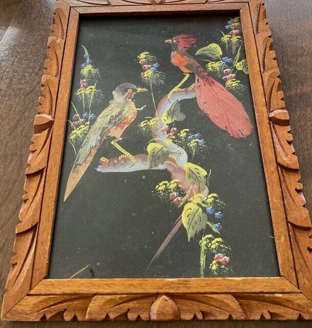 Vintage Mexican Folk Art Feathercraft Bird Feather Picture Wood Frame 7.5\
