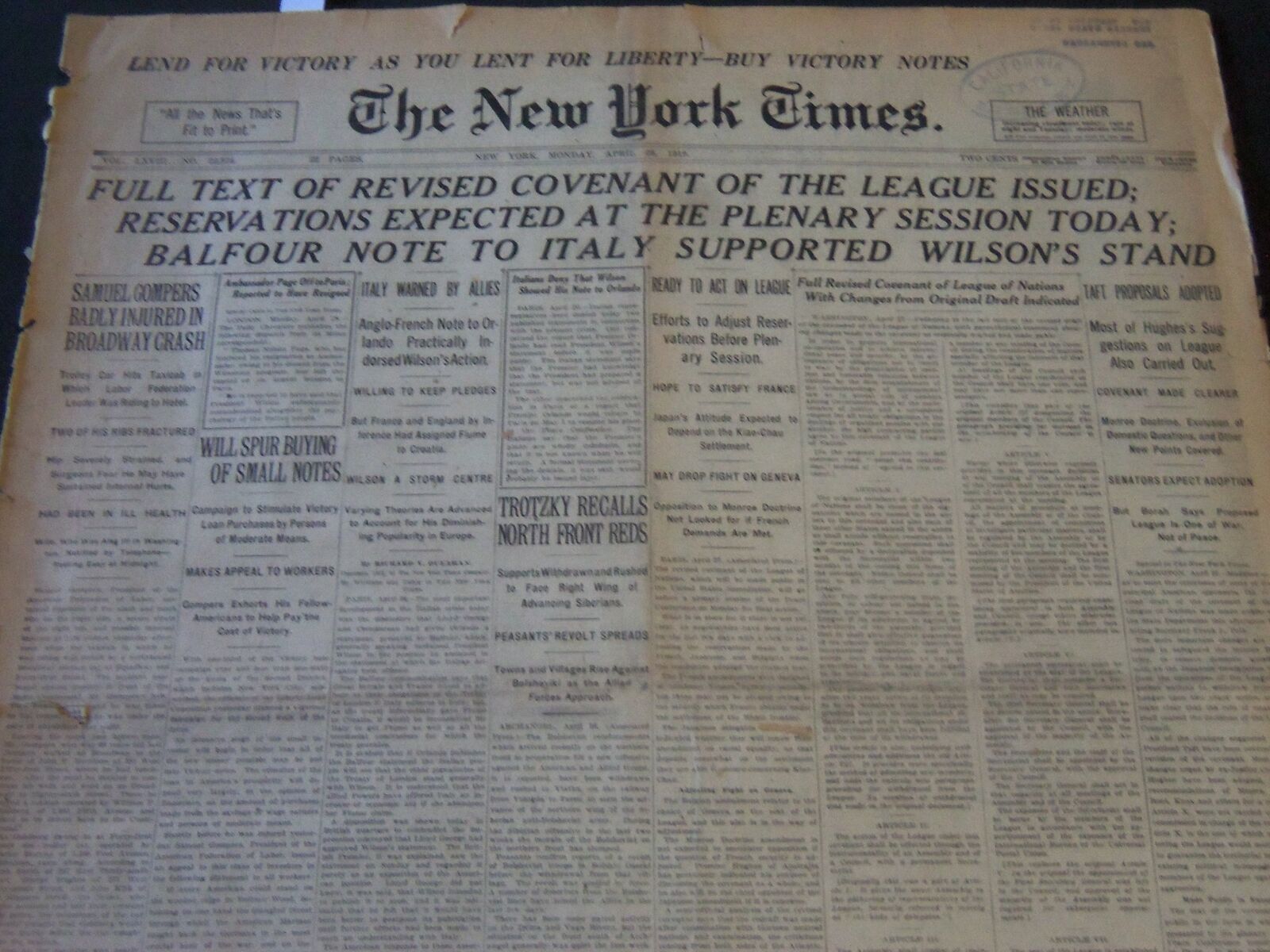 1919 APRIL 28 NEW YORK TIMES - FULL TEXT OF REVISED COVENANT OF LEAGUE - NT 6313