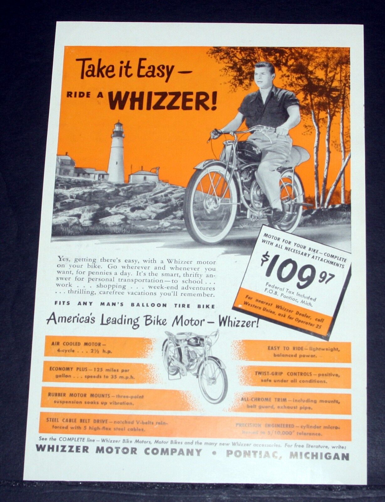 1949 OLD MAGAZINE PRINT AD, TAKE IT EASY- RIDE A WHIZZER AMERICA\'S BIKE MOTOR