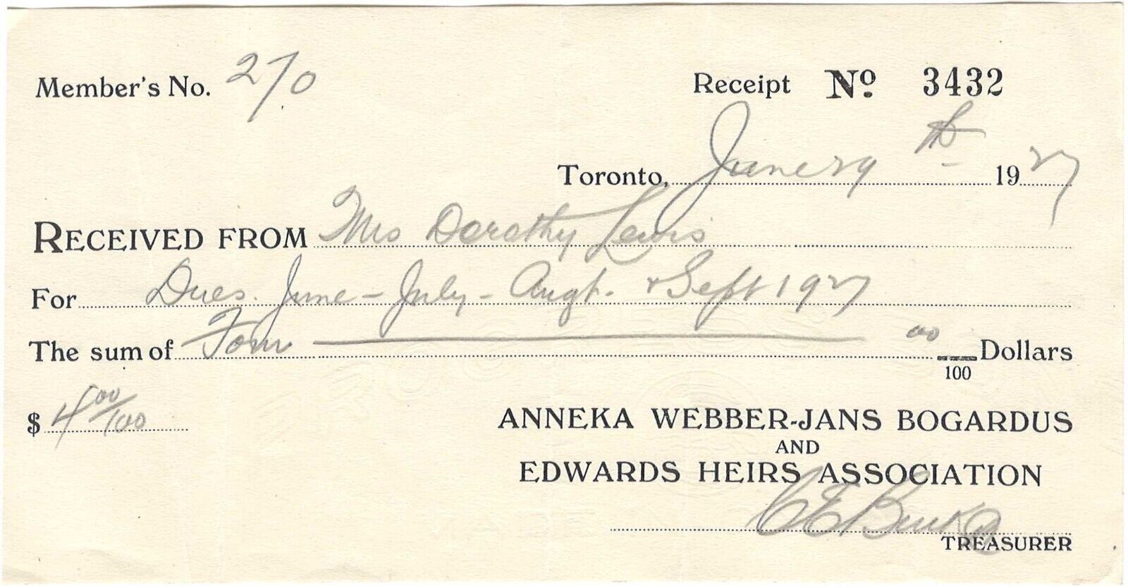 Vintage Hand-Written Membership Dues Receipt HEIRS ASSOCIATION INC. - 1927 - E1