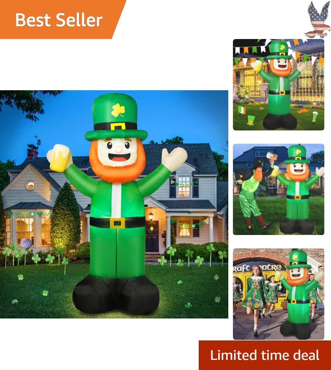 6FT St Patricks Day Inflatable Leprechaun - LED Lights - Premium Material