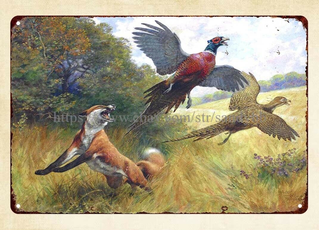 fox pheasant Calendar painting by Walter Haskell Hinton 1920s-1930s metal tin