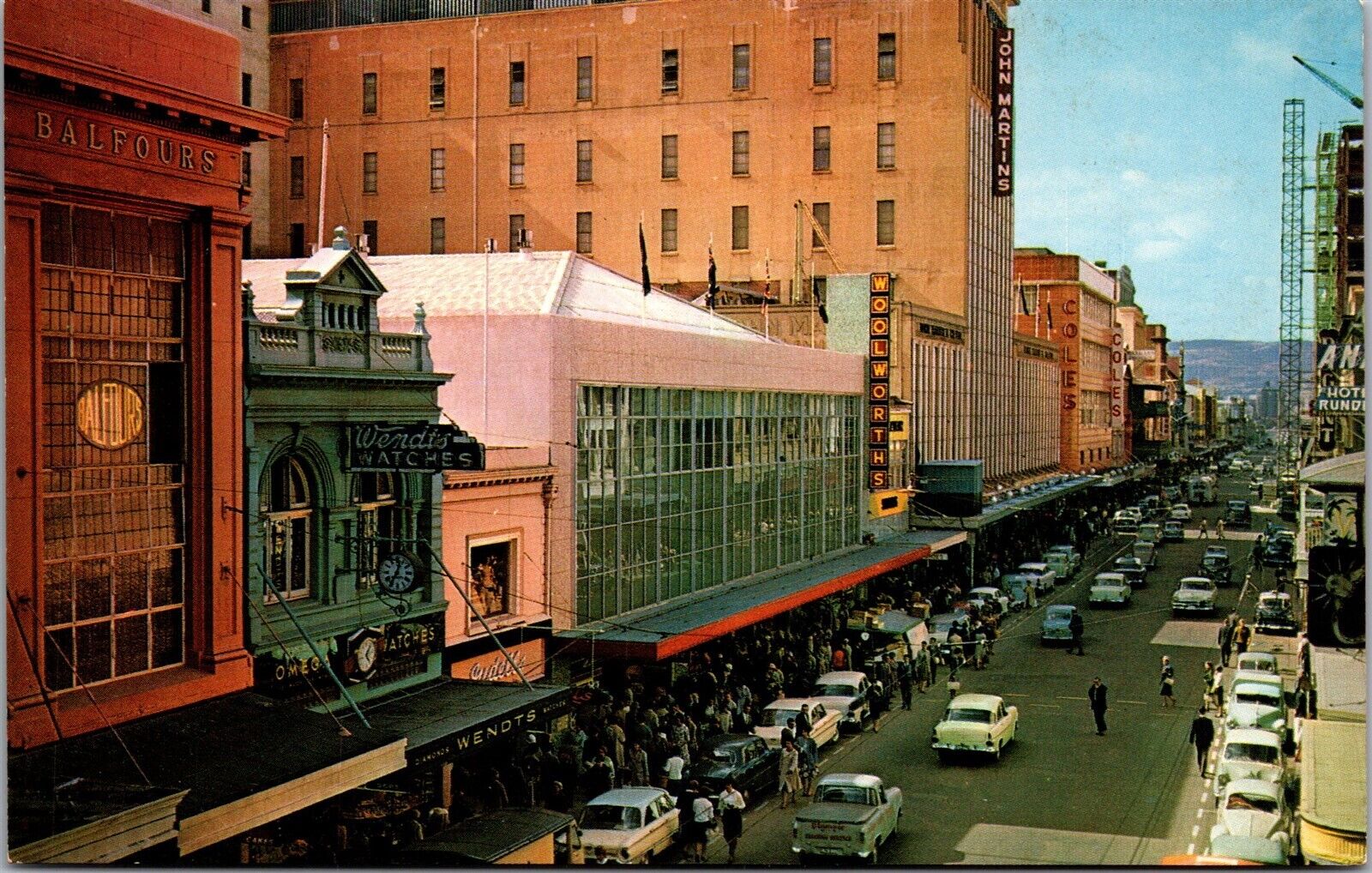 Vtg Adelaide Australia Rundle Street View Old Cars Wendts Watches 1950s Postcard