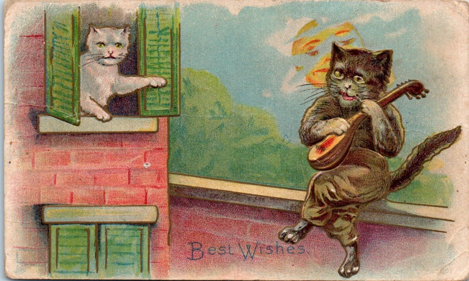 1910 Best Wishes Serenade Cats Dressed Mainzer Anthropomorphic Postcard