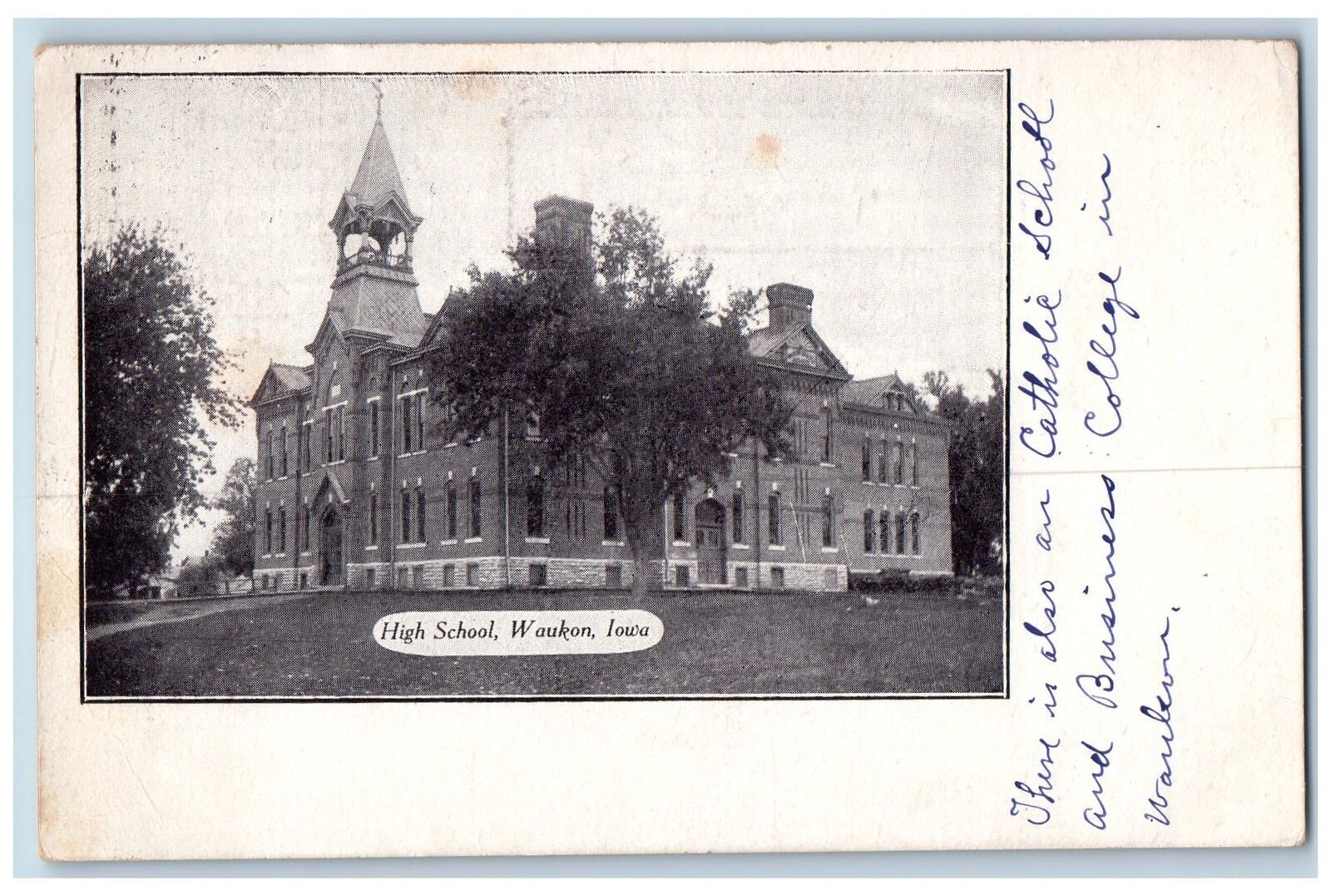 1908 High School Campus Building Grounds Side View Waukon Iowa Antique Postcard