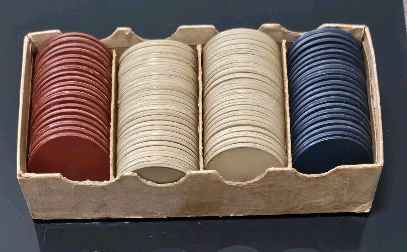 Antique Early 1900s Lot of 88 Clay Poker Chips: 48 White, 19 Red, 21 Blue