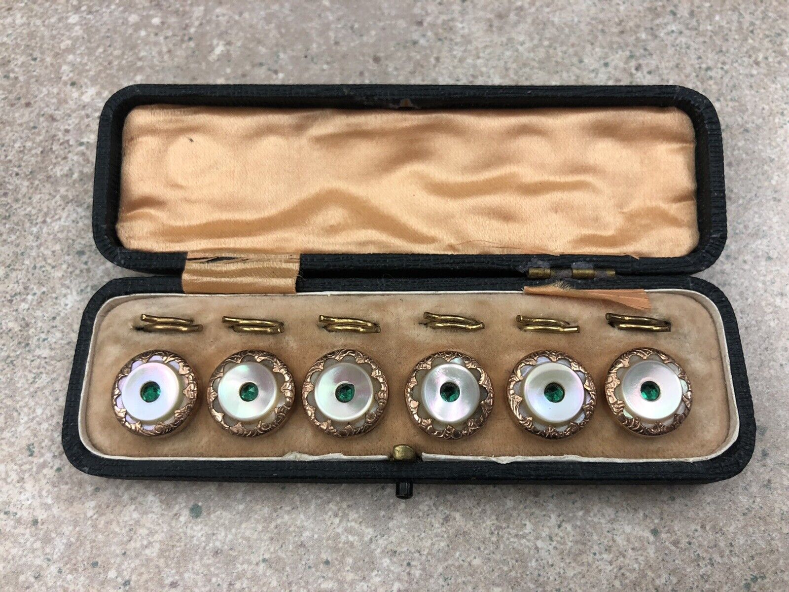 Set Of 6 Antique Gold, Mother Of Pearl And Gem Dress Shirt Studs/Buttons In Box