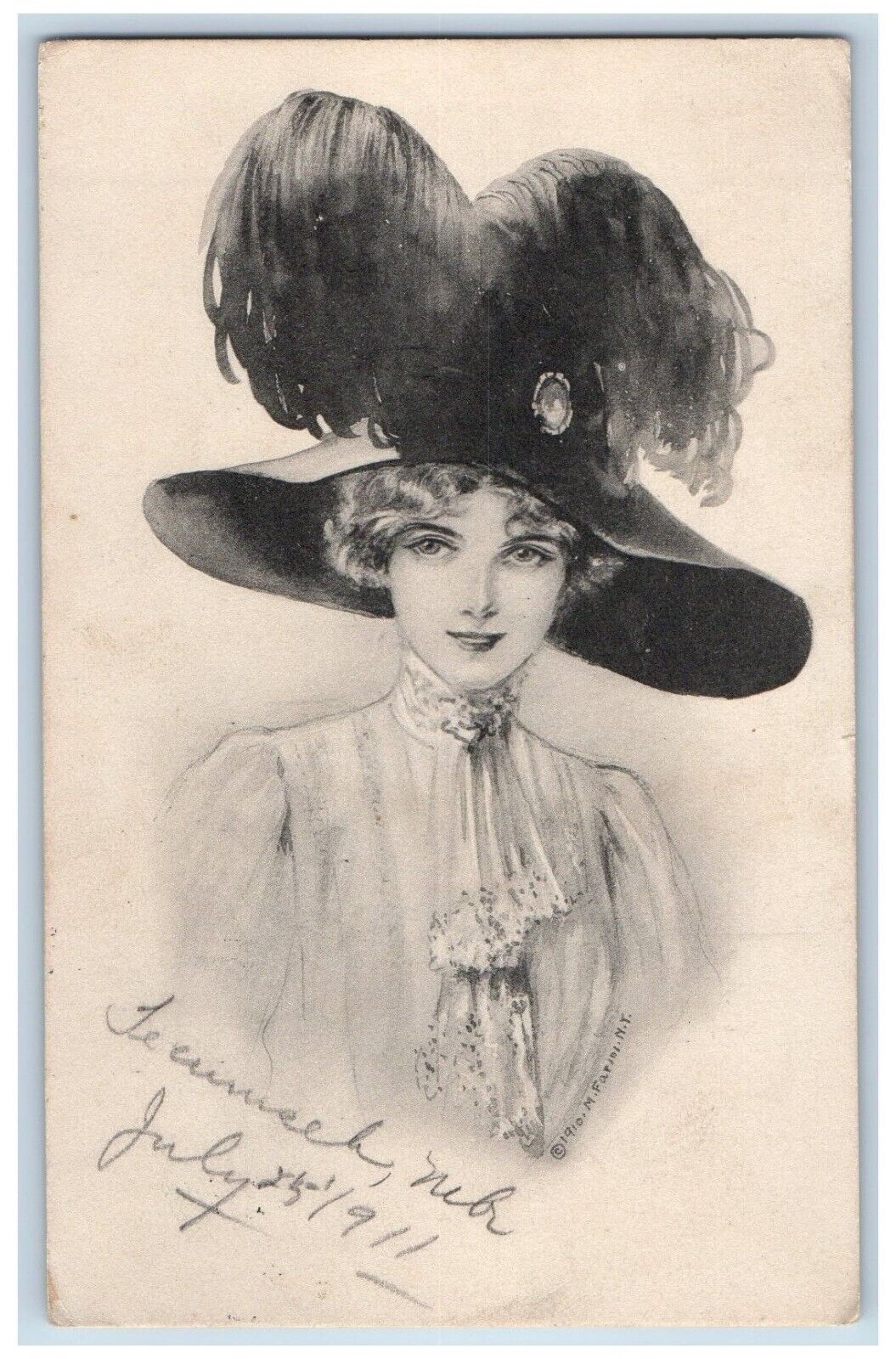 Artist Signed Postcard Pretty Woman Big Hat Feather Logan Iowa IA 1911 Antique