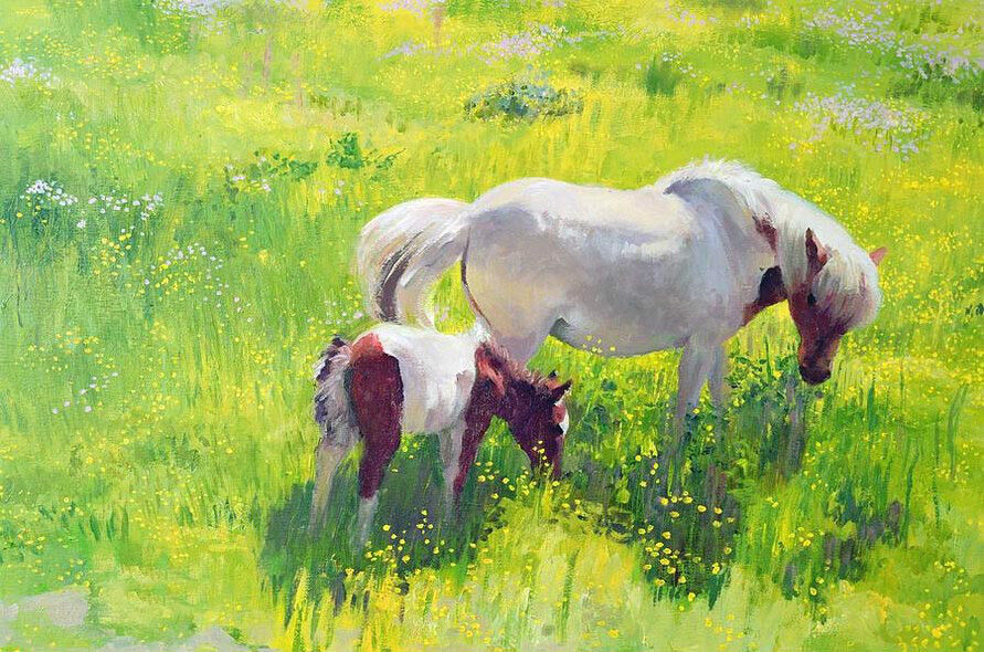 Large Oil painting Mother and baby Horse with Foal in spring landscape & flowers