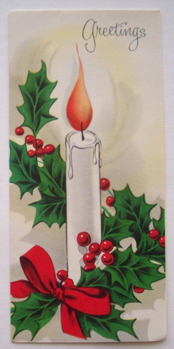 White candle aglow w holly UNUSED vintage Christmas greeting card * AA24