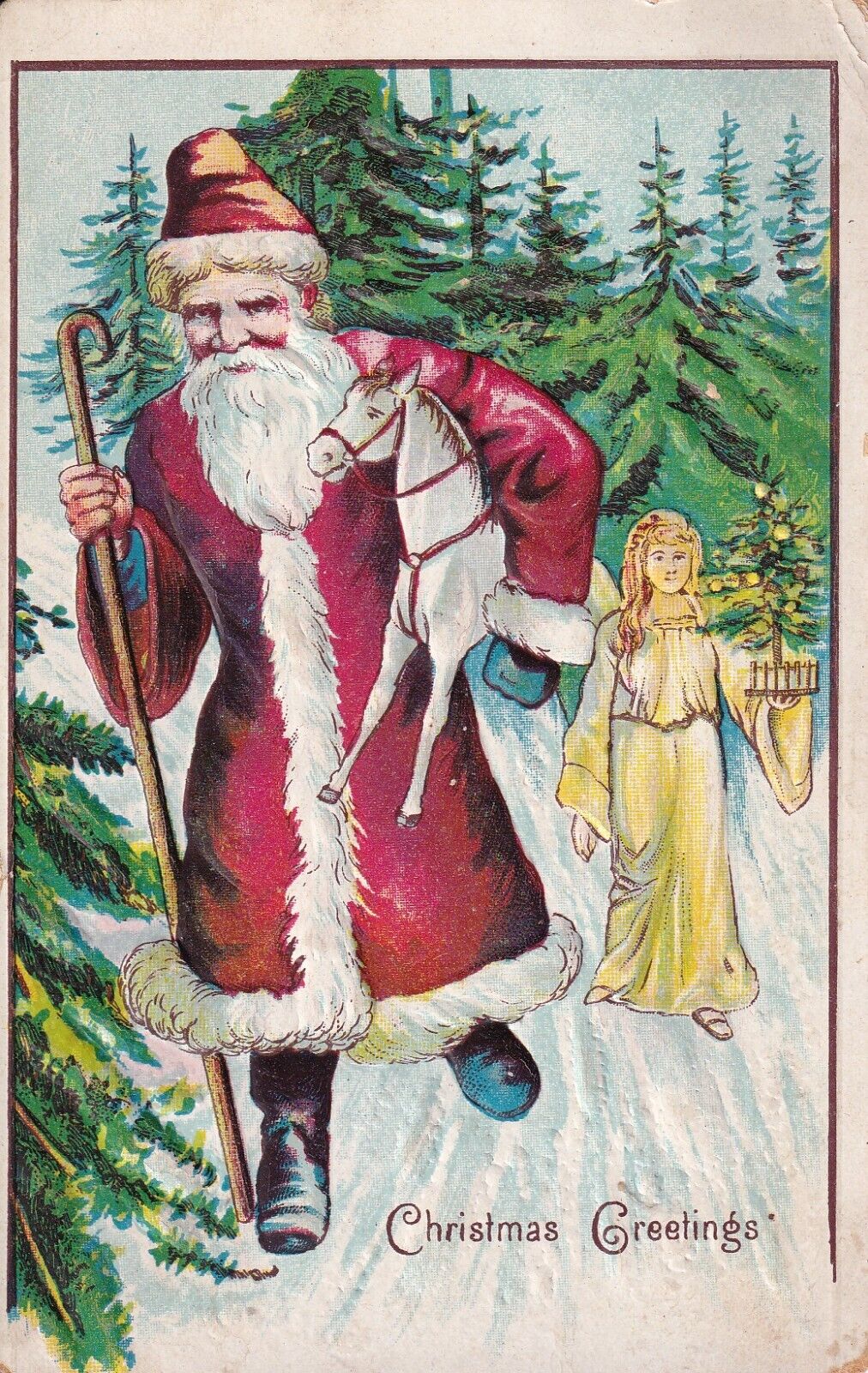 Vintage Christmas Greetings Postcard 1910 Santa and Young Girl Walking In Woods