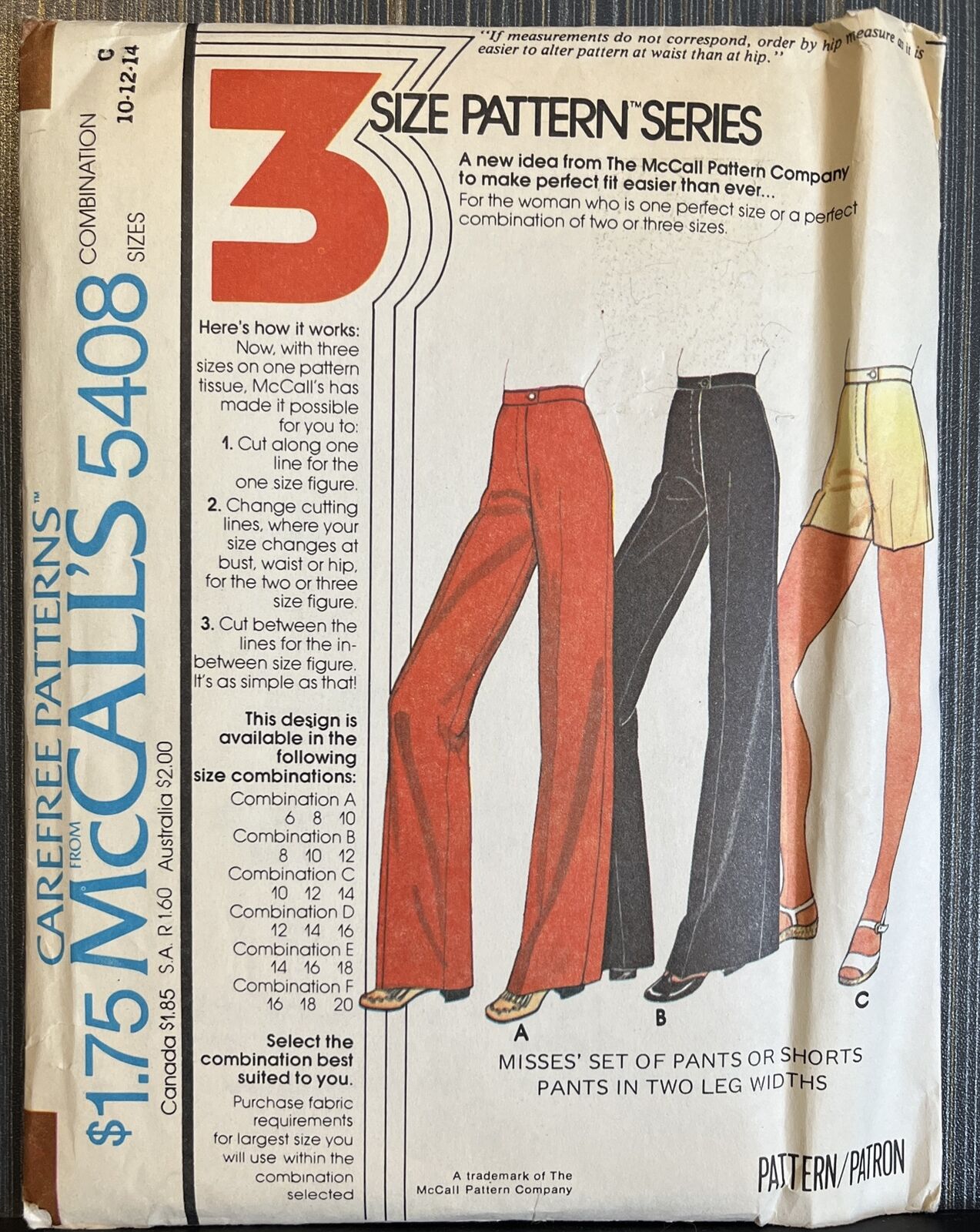 Vintage 1977 McCalls Pattern 5408 Sz 10-14 Misses Pants & Shorts 2 Widths Uncut